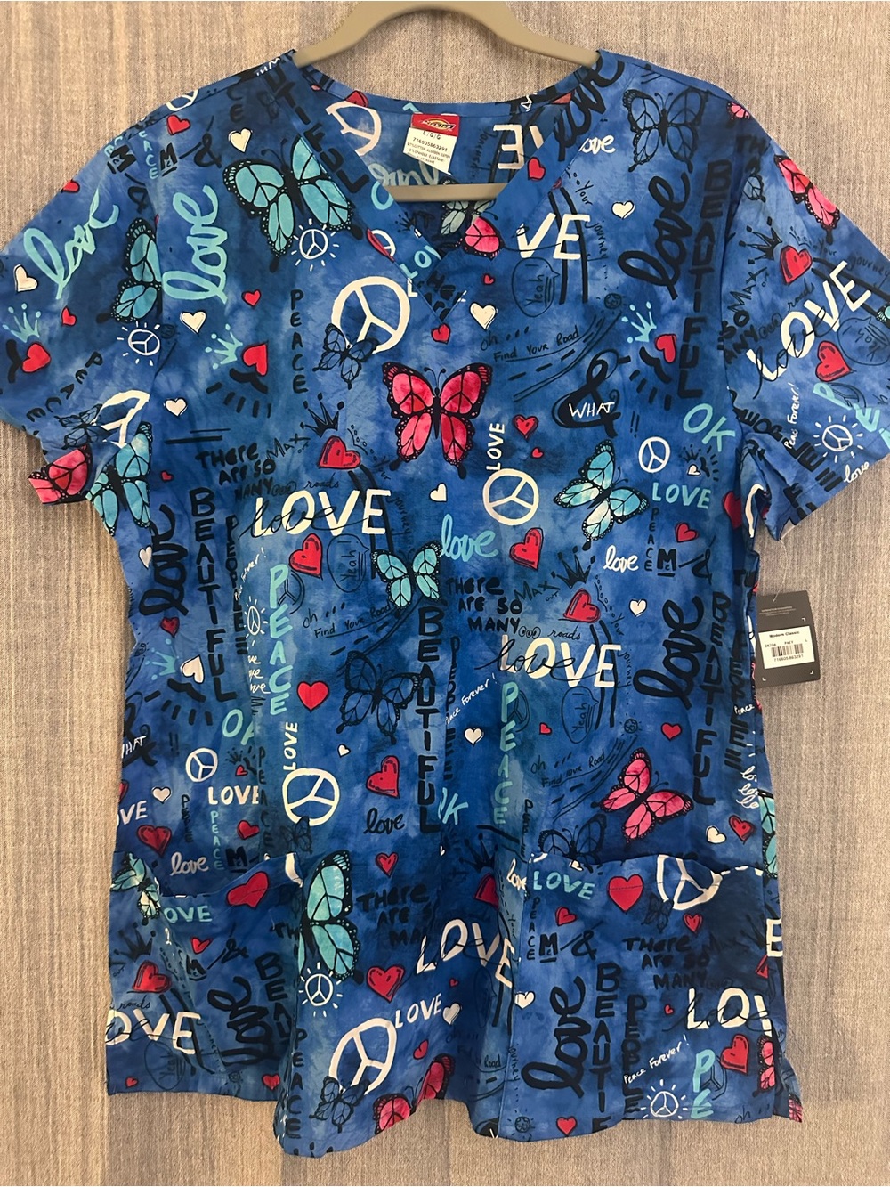 Dickies Scrub Top with Love, Butterfly & Peace Print